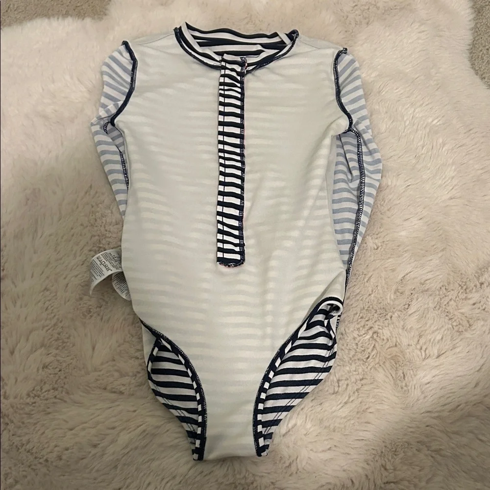 GAP Black and White Striped Kids bathing suit with coral Zipper